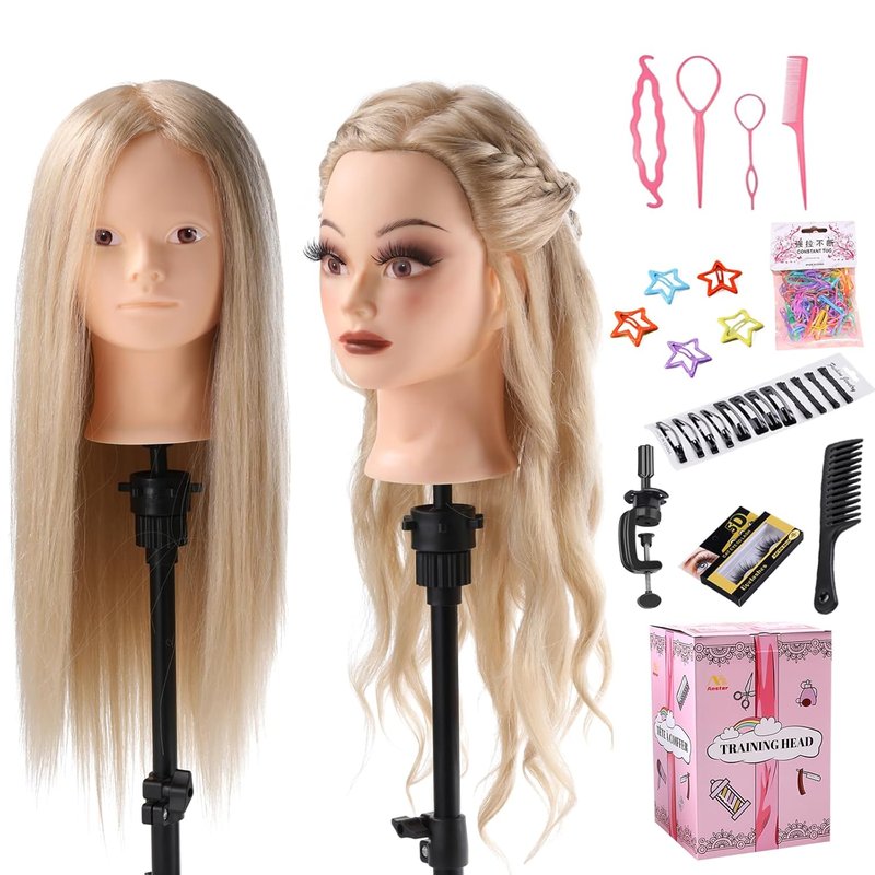 Human Hair Mannequin Head - 70% Real Hair Cosmetology Practice Doll for Hair Styling & Braiding