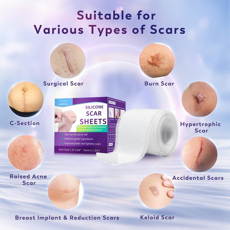 Yarster Medical Grade 100% Silicone Scar Sheets, Silicone Scar Tape(1.6"x 120" Roll-3M), Scar Tape for Surgical Scars, Burn, C-Section, Keloid Scars, Acne Treatment - Reusable
