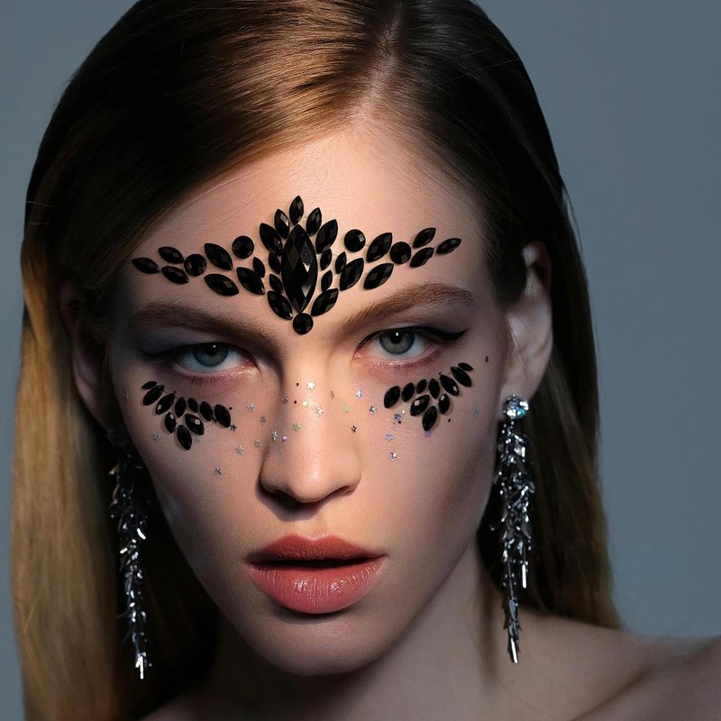 KOTBS 6 Sheets Black Face Gems, Self-Adhesive Rhinestone Face Jewels for Festivals, Halloween, and Costume Parties, Large