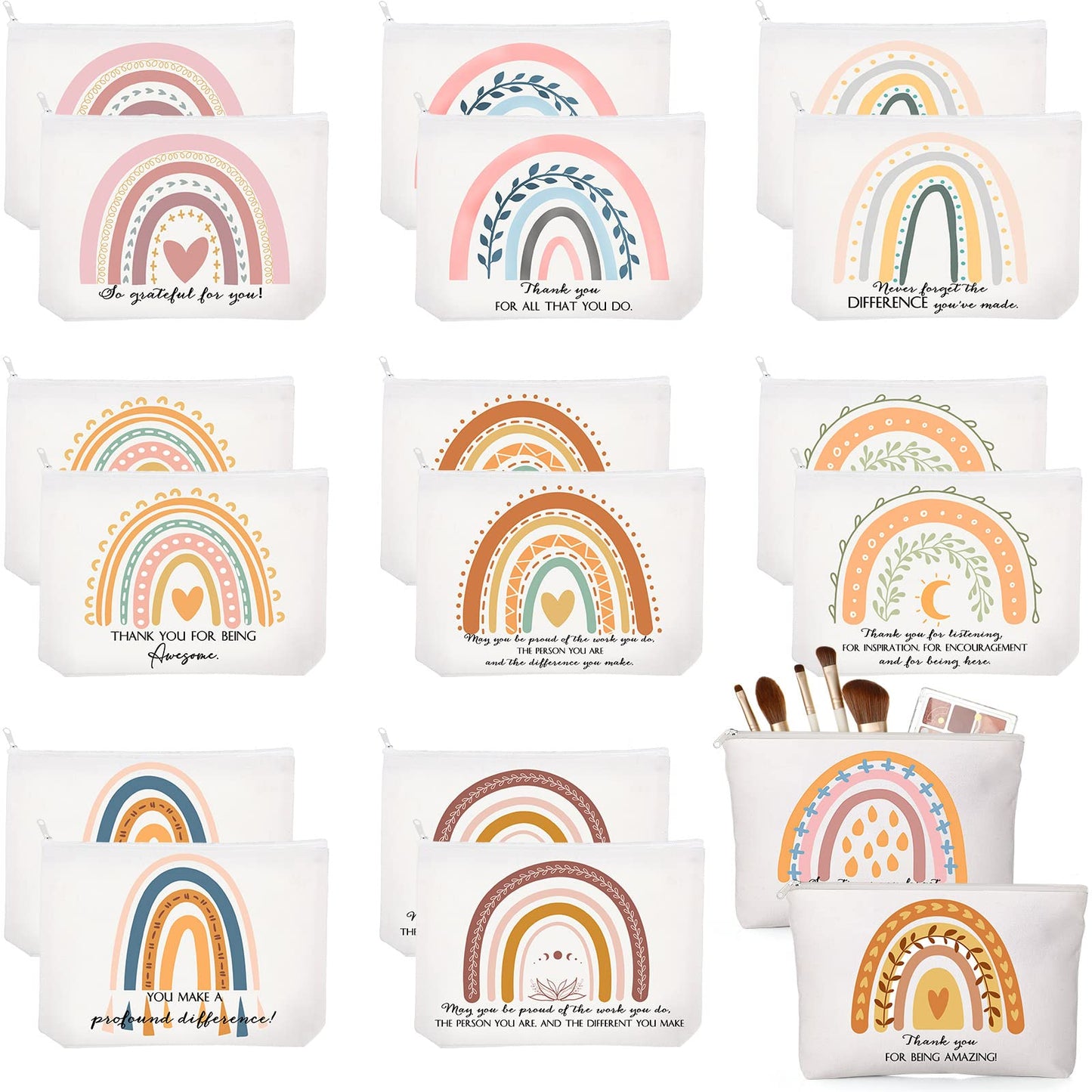 Sieral 20 Pcs Canvas Makeup Bags Inspirational Cosmetic Bag Pouch with Zipper Appreciation Gifts for Women Coworker Team Staff Travel Birthday(Rainbow)