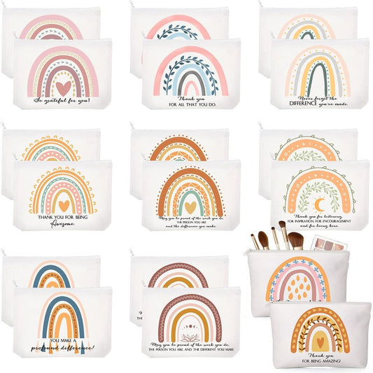 Sieral 20 Pcs Canvas Makeup Bags Inspirational Cosmetic Bag Pouch with Zipper Appreciation Gifts for Women Coworker Team Staff Travel Birthday(Rainbow)