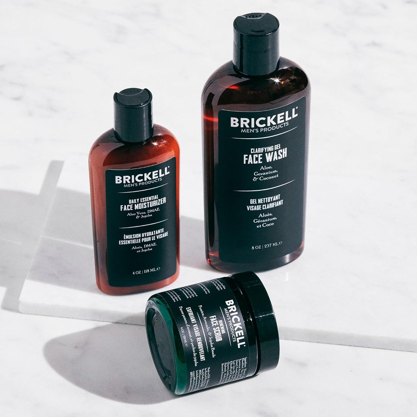 Brickell Men's Daily Face Care Routine - Gel Cleanser, Scrub & Moisturizer with Hyaluronic Acid | Unscented Skin Care Gift Set