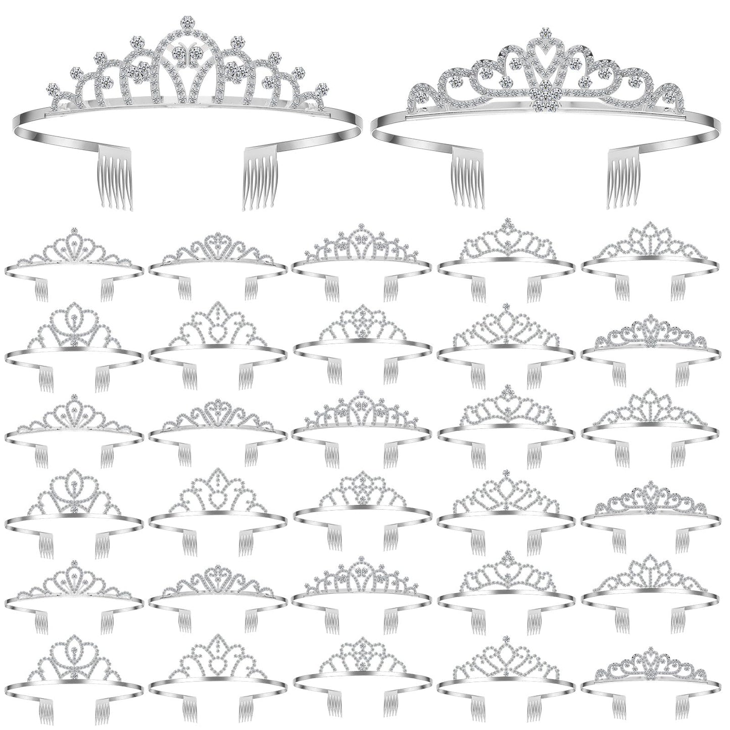 Lyrow 30 Pcs Tiara Crowns for Women Bulk Elegant Princess Rhinestone Crown with Combs Crystal Queen Tiaras with Comb Headband Silver Princess Tiaras for Birthday Wedding (Delicate Style)