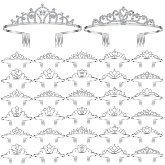 Lyrow 30 Pcs Tiara Crowns for Women Bulk Elegant Princess Rhinestone Crown with Combs Crystal Queen Tiaras with Comb Headband Silver Princess Tiaras for Birthday Wedding (Delicate Style)