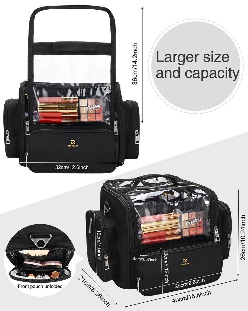 Makeup Brush Bag, Clear Makeup Brush Holder with Lid, Extra Large Capacity Travel Cosmetic Bag Makeup Artist Must Haves, Black Makeup Case, Make Up Organizers and Storage, with Adjustable Dividers