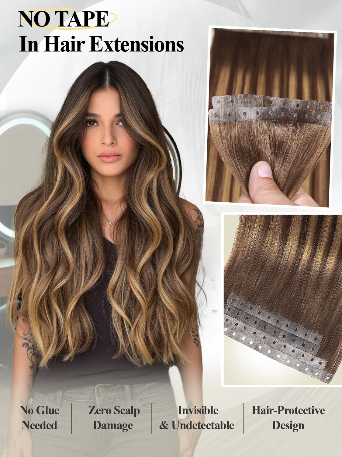 Invisible Weft Hair Extensions - Real Human Hair PU Skin Weft | Seamless T4/27 Balayage Caramel Blonde (16 Inch, 35g, 4 Pcs)