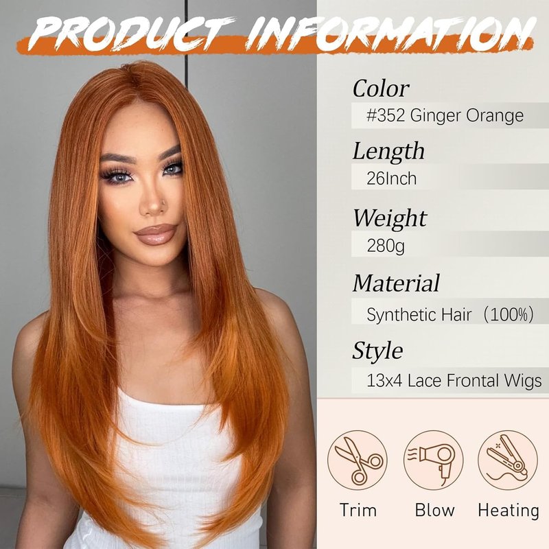 Worldnewhair Ginger Orange Lace Front Wig 26 Inch - 13x4 HD Lace Layered Wigs for Women, Wear and Go Glueless Wigs Pre Plucked Pre Cut Long Straight Syntheic Fiber Pre-styling Hair for Daily