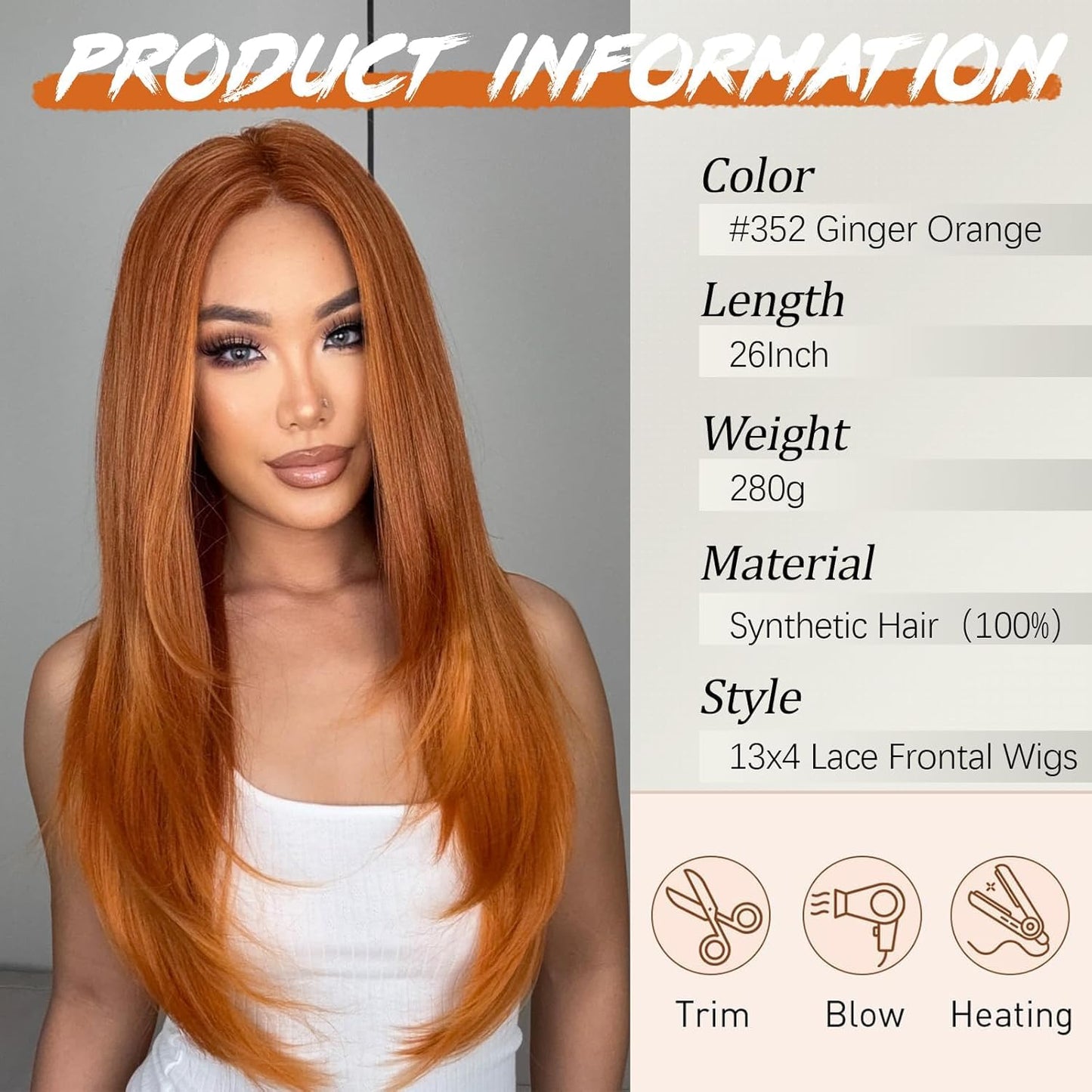 Worldnewhair Ginger Orange Lace Front Wig 13x4 HD Synthetic Wigs for Women Pre Plucked 26 Inch Long Straight Layered Wig for Daily
