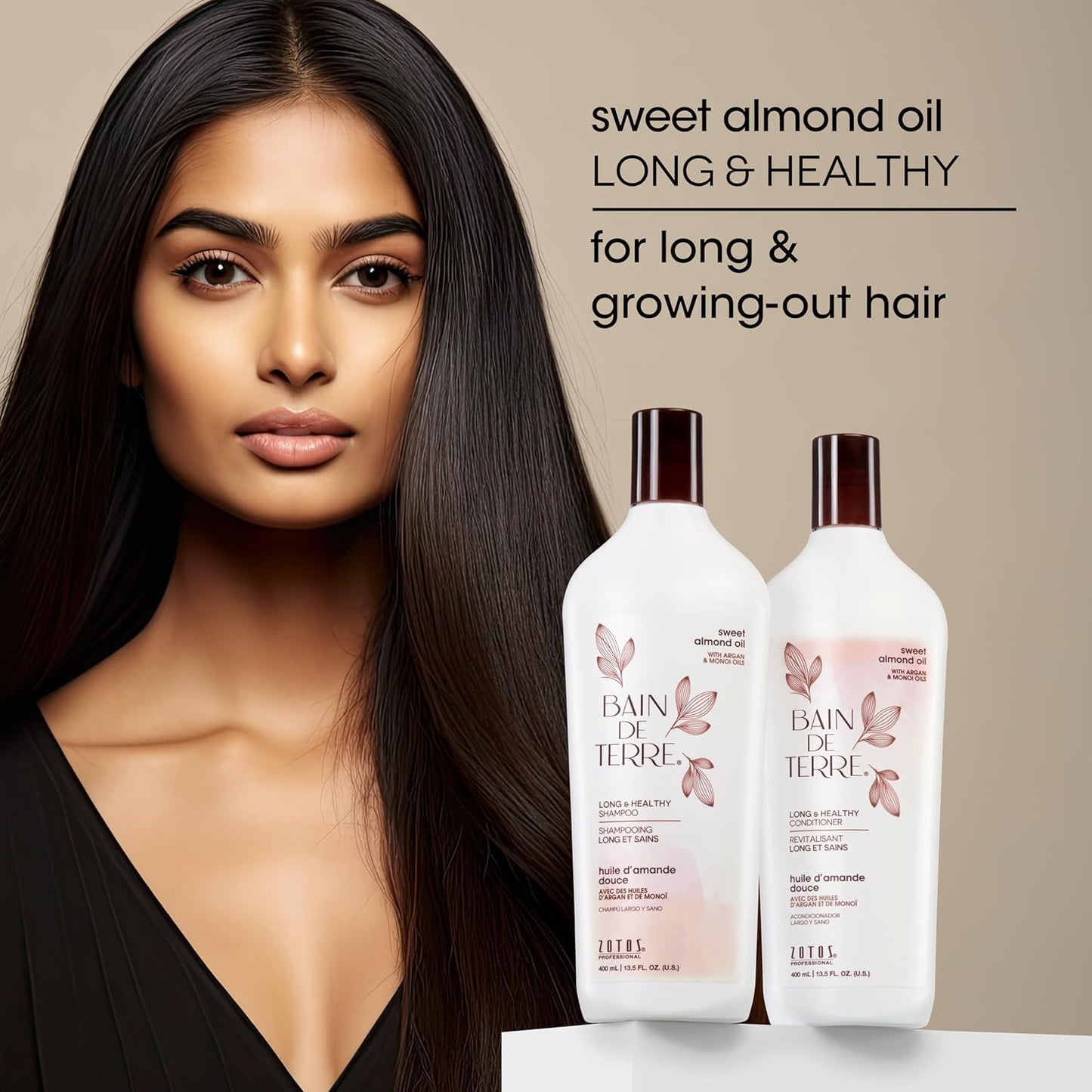 Bain de Terre Long & Healthy Shampoo and Conditioner Set | Sweet Almond Oil | Fortifies & Strengthens Long, Growing Hair | Paraben Free | Color-Safe | 13.5 Fl Oz