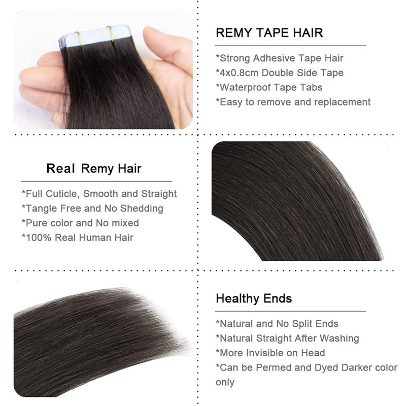 VADES Tape In Hair Extensions - Remy Human Hair, Natural Black, 20 Inch, Invisible Seamless Skin Weft, 50 Grams, 20 Pieces