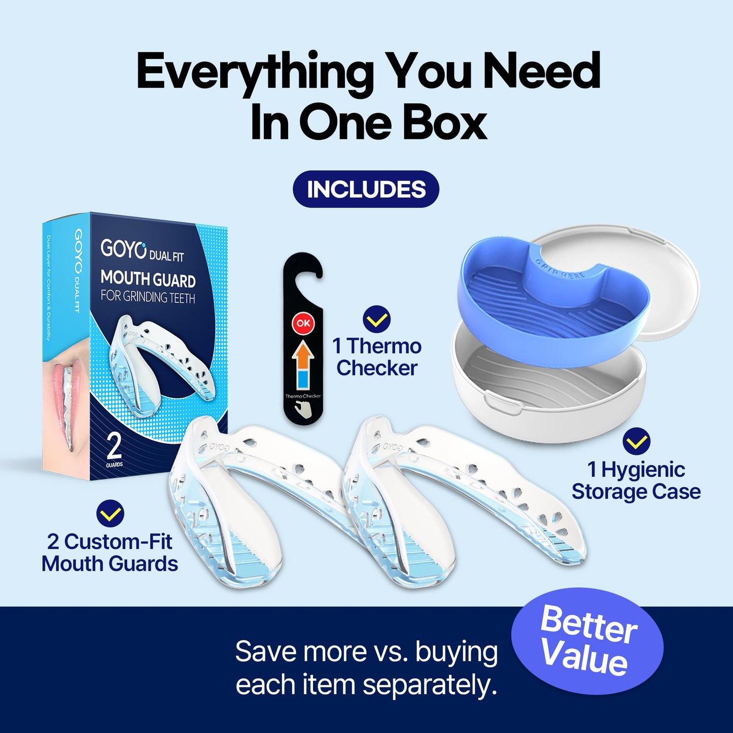 GOYO Dual FIT Pack of 2 Mouth Guard for Clenching Teeth at Night with Thermo Checker & Dental Case | Night Guards for Teeth Grinding | Custom-Fit & Custom Moldable Bruxism Sleep Night Guard – BPA-Free