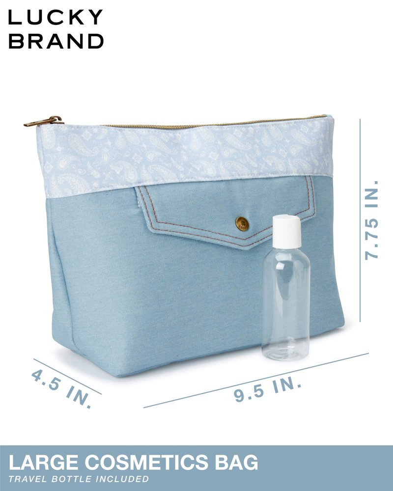 Lucky Brand Blue Makeup Bag Cosmetics Organizer Travel Essentials Top Zip Pouch Western Cowgirl Pocket Denim Blue Jean