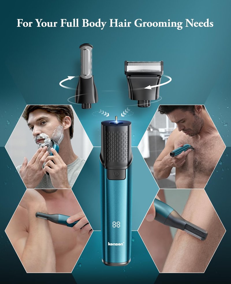 Body Hair Trimmer for Men - 6.0 Upgraded Electric Beard Trimmer, 2-in-1 Dual-Head Shaver and Body Groomer Connectivity Hybrid Face IPX6 Wet/Dry Use Groin & Ball Hair Painless Electric Razor Green