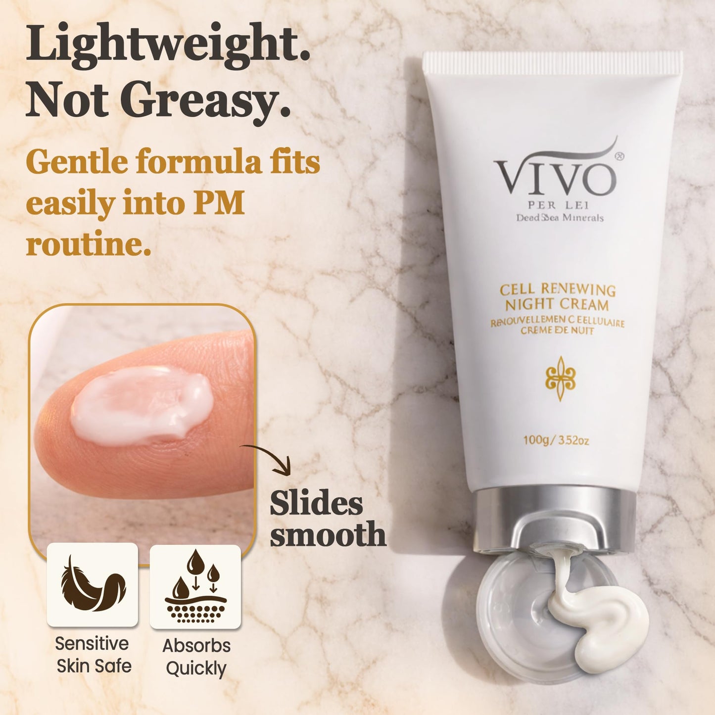 Vivo Per Lei Dead Sea Night Cream - Hydrating, Moisturizing - Anti Aging Face Moisturizer - Non Greasy - Wrinkle Cream for Women - Overnight Facial Cream with Shea Butter - 3.52 Oz - Pack of 3