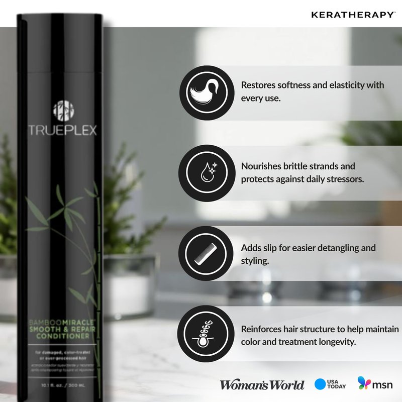Trueplex KERATHERAPY Bamboo Miracle Smooth & Repair Conditioner, 10.1 oz., 300 ml - Vegan Formula Damaged, Frizzy, & Dry Hair - Hydrating & Smoothing with Grape Seed, Baobab, & Bamboo Extract