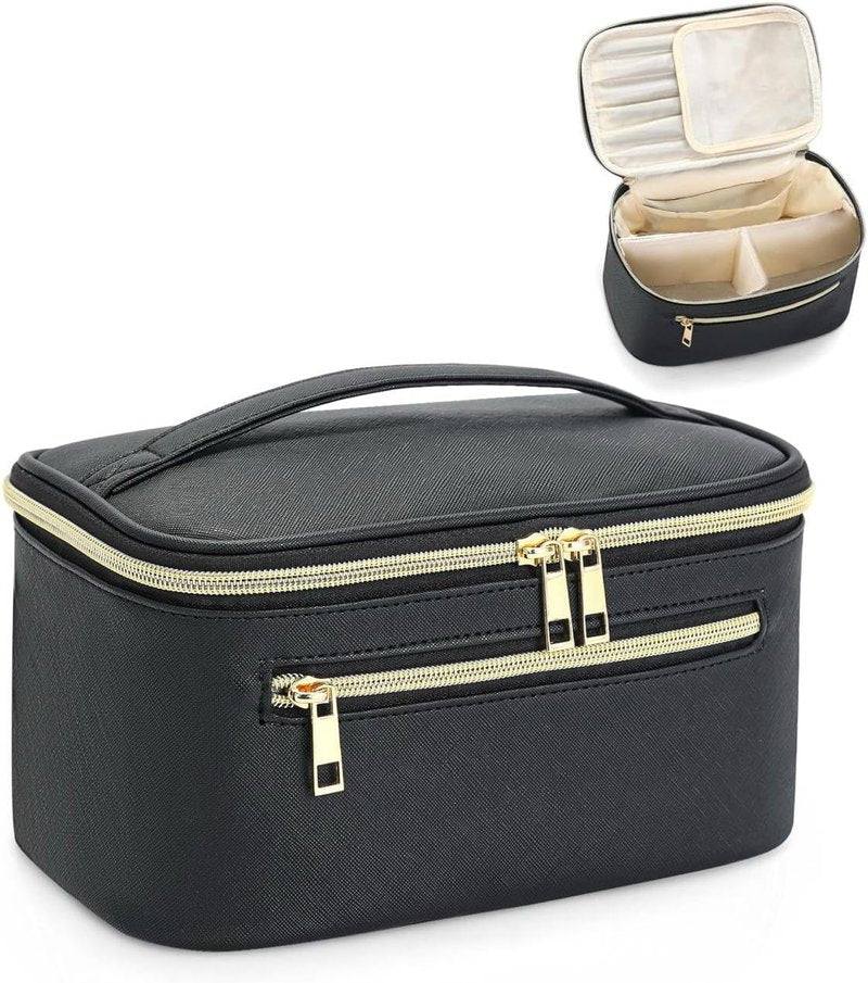 Travel Makeup Bag Organizer - Large Capacity Waterproof Cosmetic Pouch with Divider | Black Clamshell Case