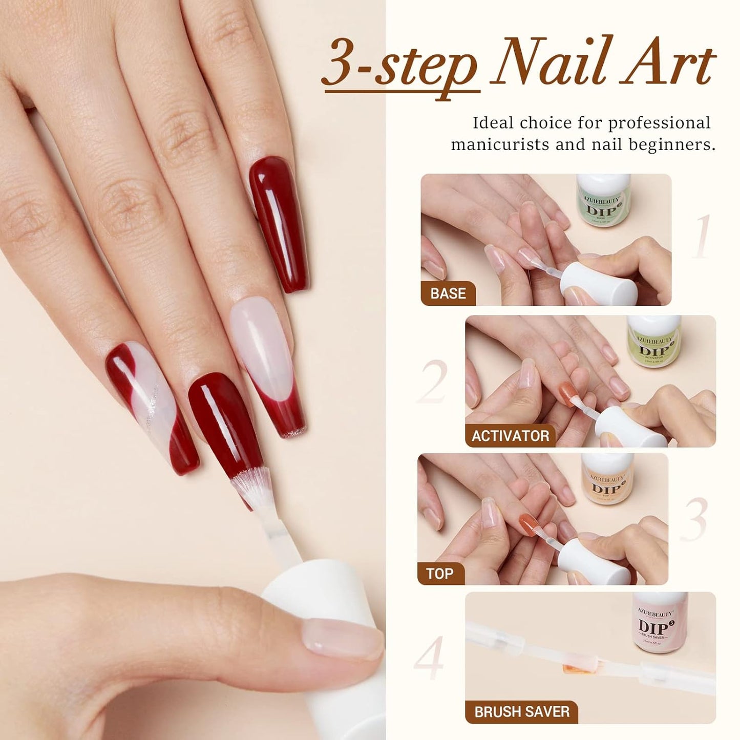 Azurebeauty Dip Powder Nail Kit - 4 Colors & 4 Dip Powder Liquids | 15ml for DIY French Nail Art