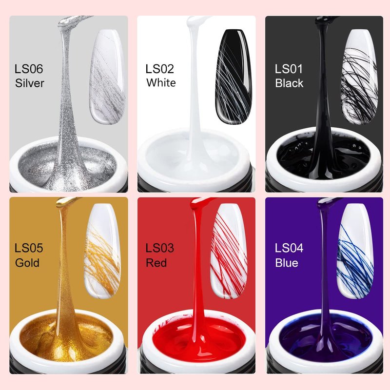 SAVILAND 6 Colors Spider Gel, New Upgraded Matrices Spider Gel with Nail Art Brushes, Nail Designs Paint Wire Drawing Gels Polish for Line (White Black Red Blue Gold Silver)