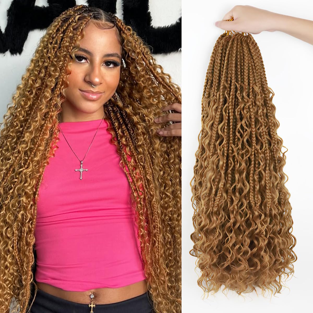 Boho Crochet Braids Human Hair Mixed Synthetic 14Inch 9 Packs Goddess Braids Pre looped Bohemian Braid Crochet Hair for Black Women (14Inch,1B)
