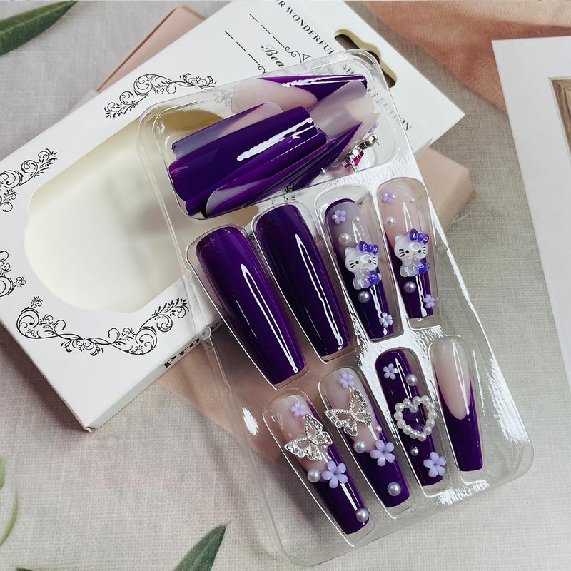 Cartoon Press Long Square Fake Nails - Purple French Tip, Heart & Butterfly Charm, Y2k Acrylic Nails, Full Cover False Nails for Women & Girls - 24 Pcs