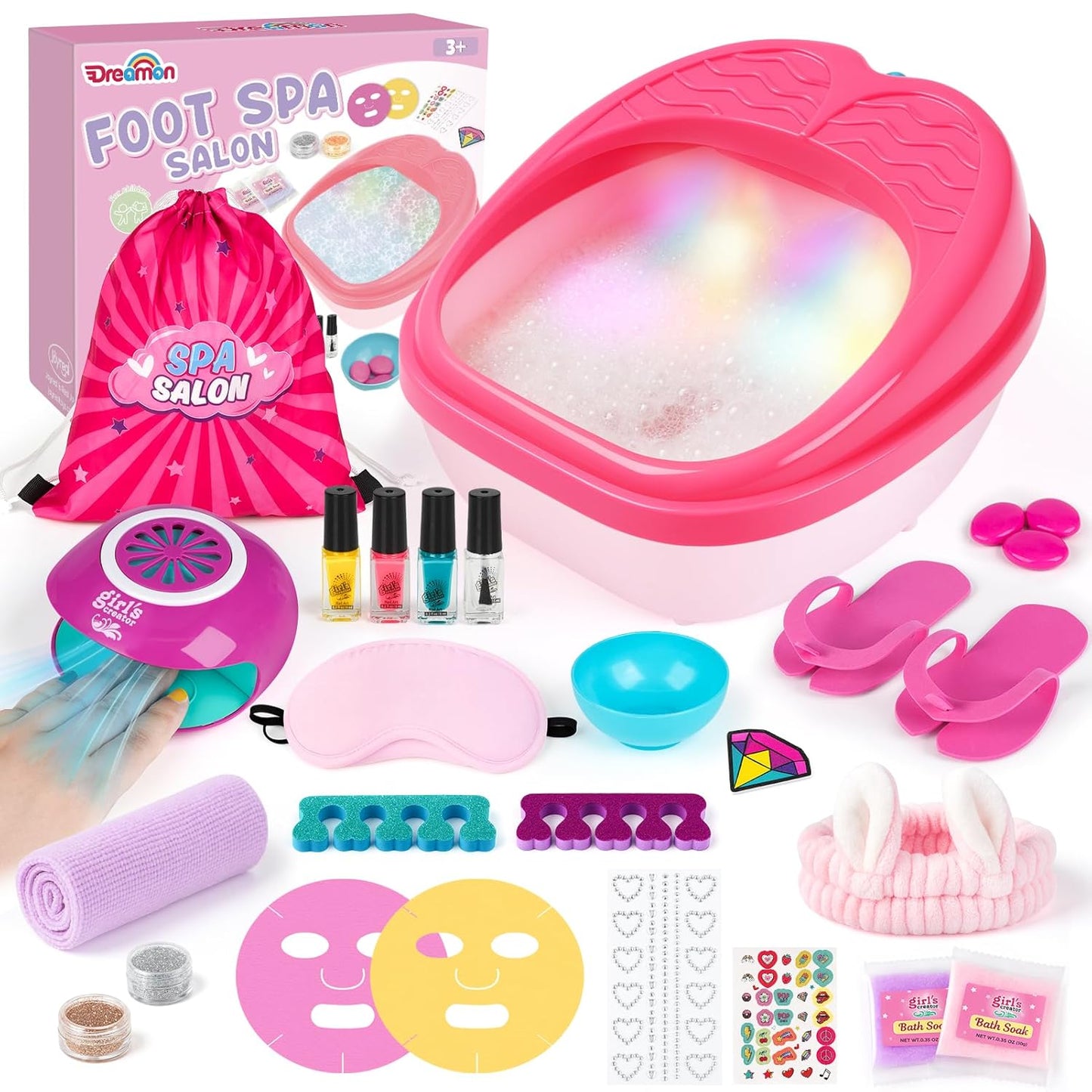 Dreamon Kids Foot Spa & Nail Kit Set - 25-Piece Rainbow Light Massage Foot Soak Tub | Manicure & Pedicure Art for Ages 3-12