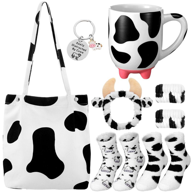 Fourluoo 7 Pcs Cow Gift Set for Women Cute Print Gift Stuff Accessories Including Canvas Bag Socks Mug Keychain Pendant Face Washing Headband Wristband for Cow Lover Themed Birthday Party