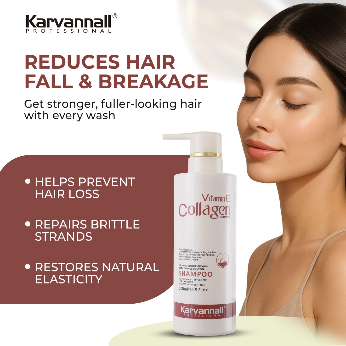 Vitamin E & Collagen Shampoo | Anti Hair Loss, Damage Repair & Growth Formula | Sulfate Free Hair Thickening Shampoo for Daily Use, All Hair Types | 500 ml / 16.9 Fl Oz