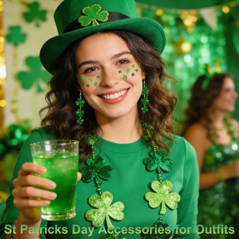Mysense St Patricks Day Accessories,Shamrock Dangle Earrings,6PCS Glitter Freckles Temporary Tattoos Face Stickers,Irish Festival Green Accessories for Saint Patrick’s Day Outfit Women Girls