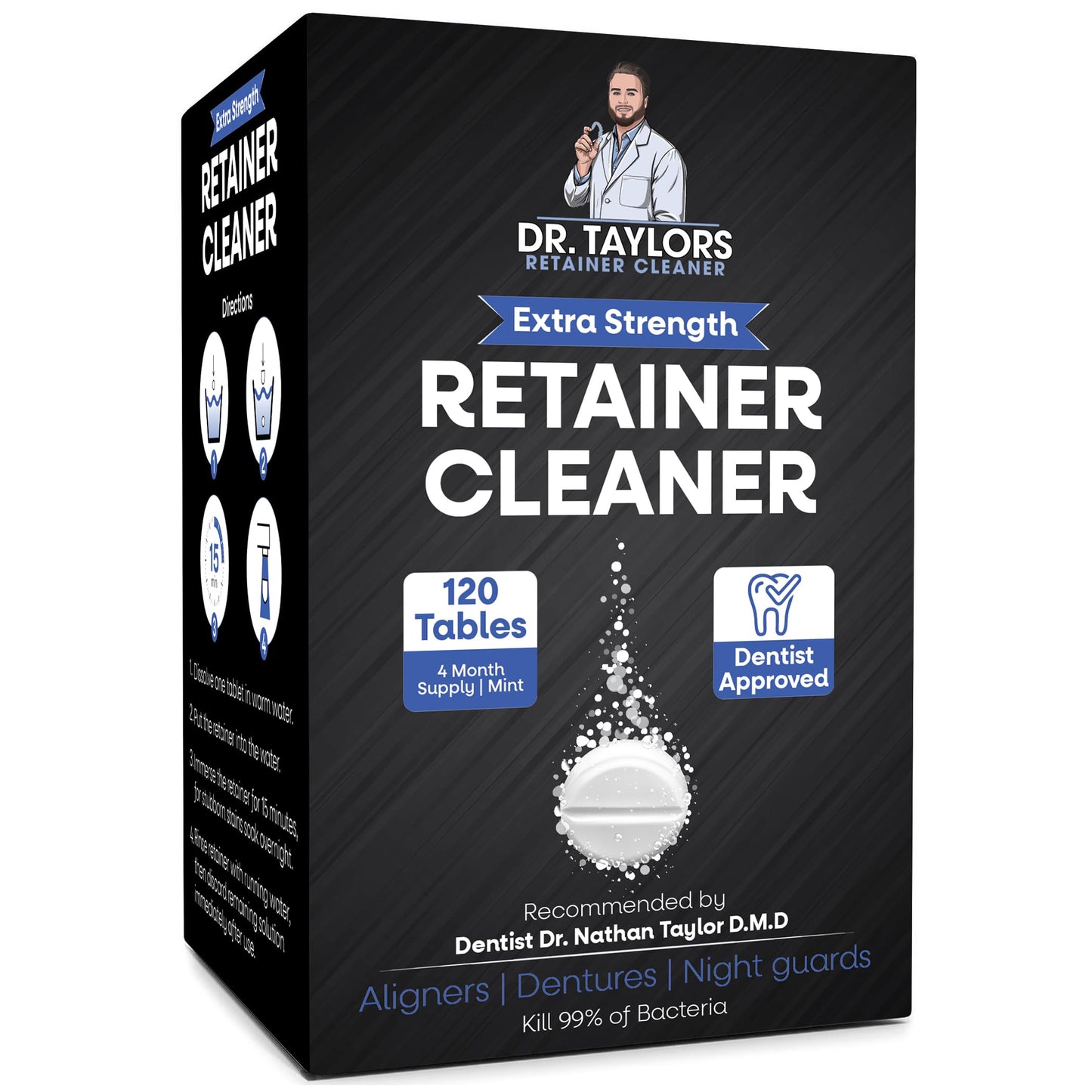 Dr. Taylor’s Denture and Retainer Cleaner Tablets (120 count) Effectively Removes Stains, Plaque, and Odor - Sports guards, Night Guards, Clear Aligners & Dentures Refreshing Mint Flavor