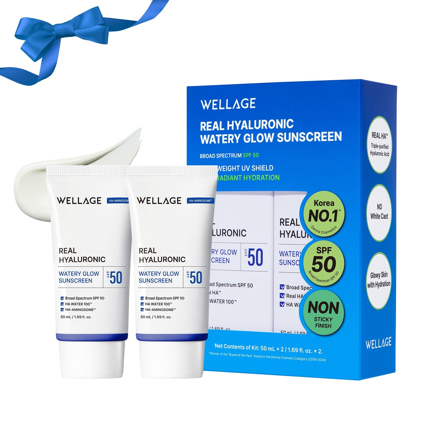 WELLAGE Real Hyaluronic Watery Glow Sunscreen SPF50 1.69 fl.oz (2 Pack)