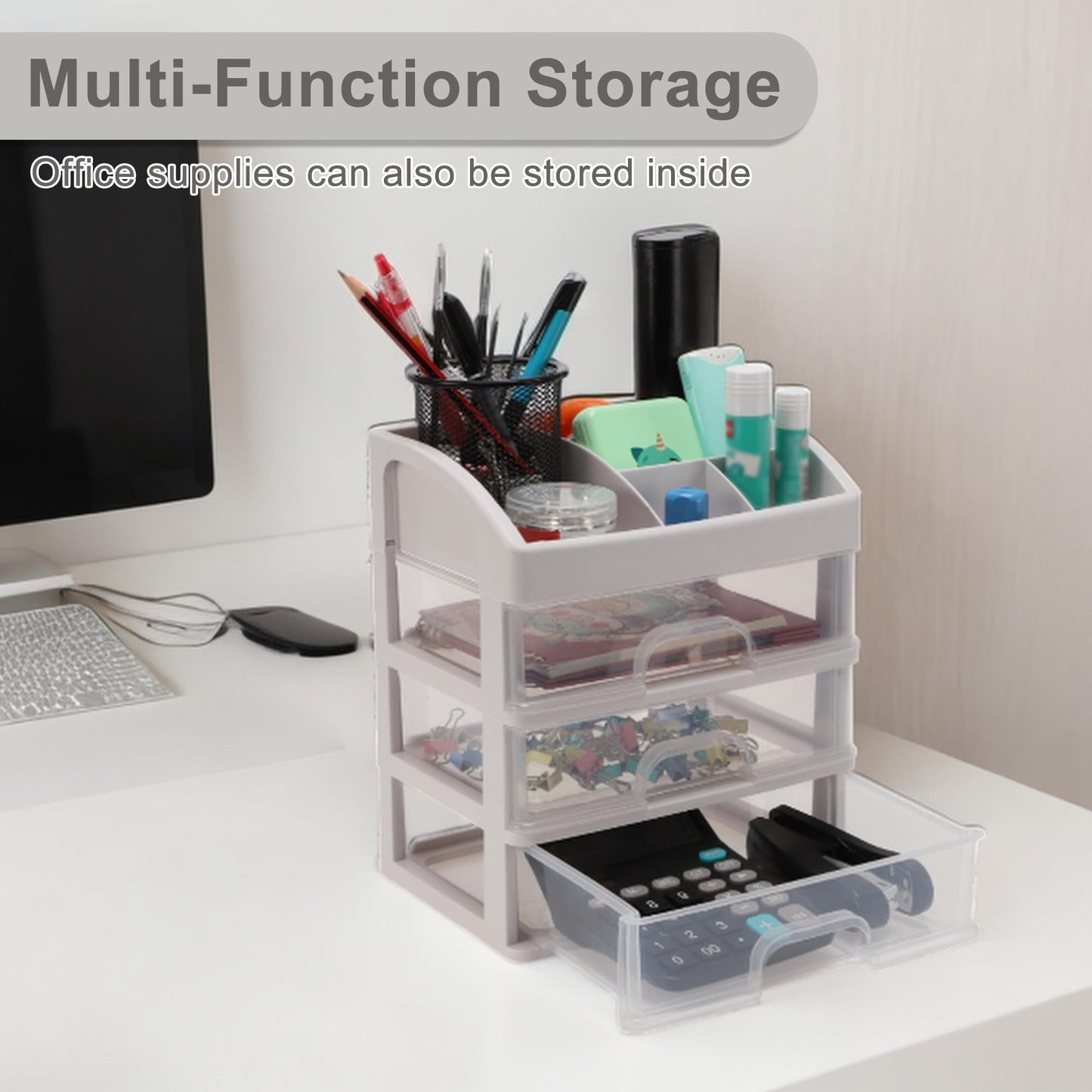 VOCOSTE Makeup Organizer Countertop, 3 Clear Drawers Makeup Organizer, Skincare Organizers for Lotions Lipstick Brushes, Make Up Organizers for Counter, Clear, White