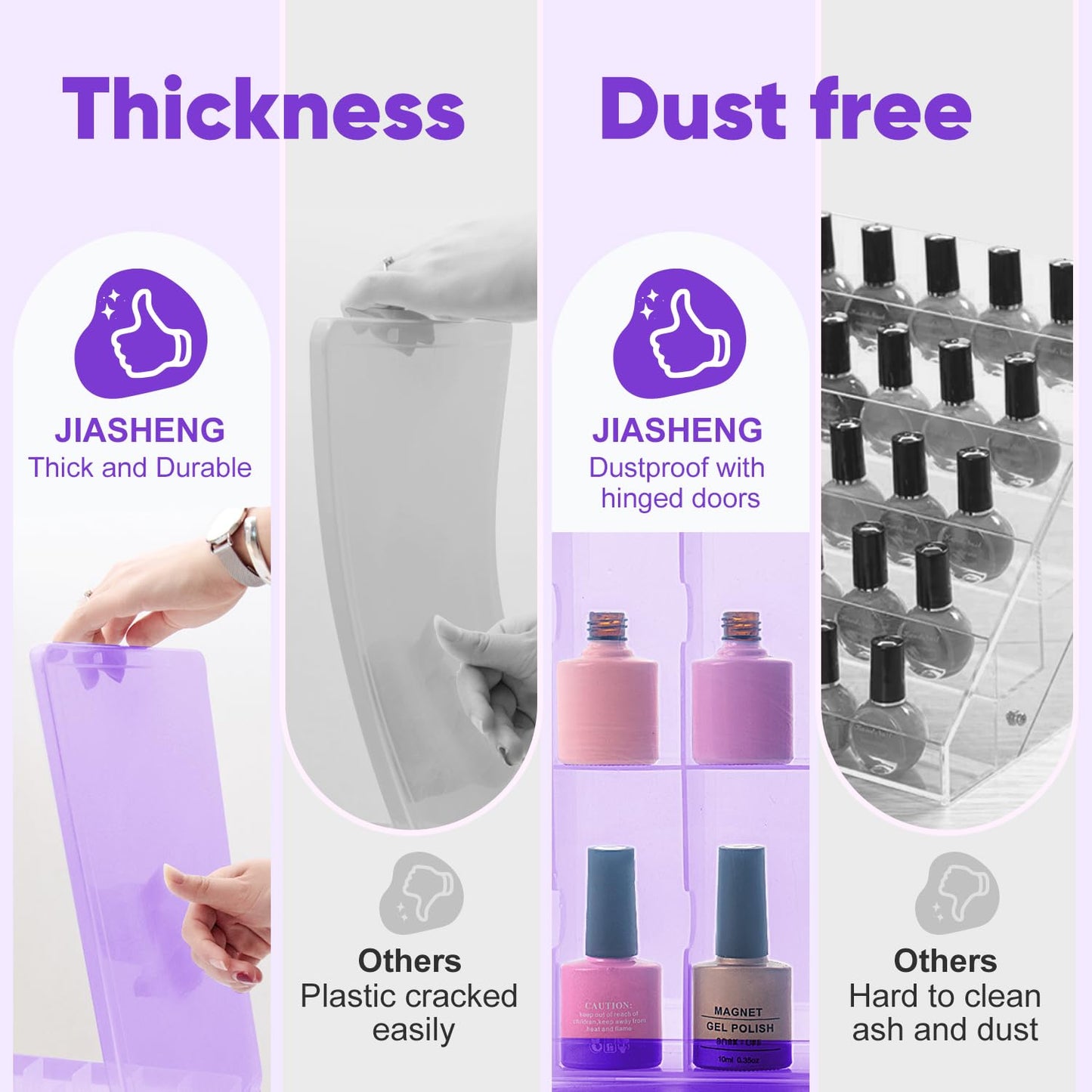 JIASHENG Nail Polish Organizer Case Holders, 48 Bottles Universal Nail Storage Box for Double Side Adjustable Space Divider for Acrylic Nail Gel Dip Powder Tips Set with Toe Separator, Purple