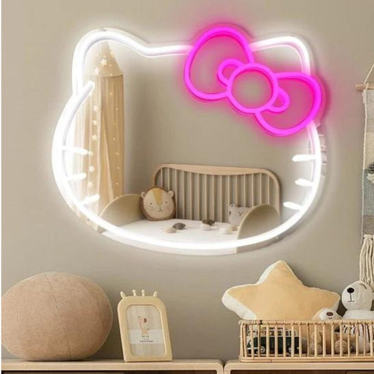 Health Organizer Anime Mirror 13.3 x 16.14 Inches Vanity Mirror with Lights Cat Design Bedroom Wall Mirror Girls Makeup Kitty Mirror with Lights Neon Sign Gift Mirror
