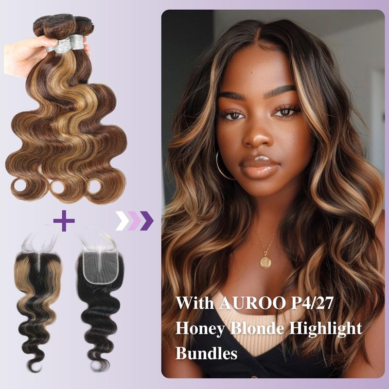 AUROO #27 Honey Blonde Highlight 4x4 Lace Closure Only Human Hair Body Wave 16 Inch, 12A 100% Virgin Hair Skunk Stripe HD Transparent Lace Closure Pre Plucked with Baby Hair Ombre Closure 150% Density