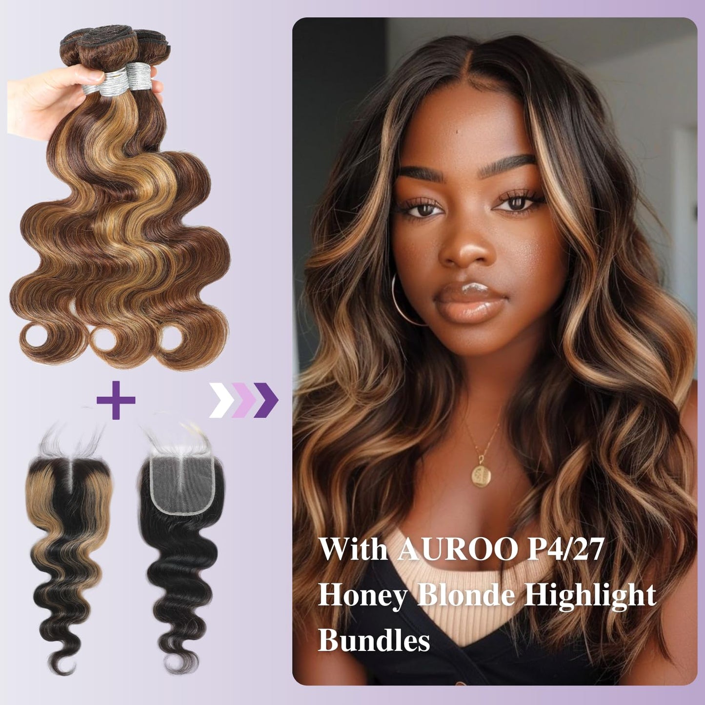 AUROO #27 Honey Blonde Highlight 4x4 Lace Closure Only Human Hair Body Wave 16 Inch, 12A 100% Virgin Hair Skunk Stripe HD Transparent Lace Closure Pre Plucked with Baby Hair Ombre Closure 150% Density