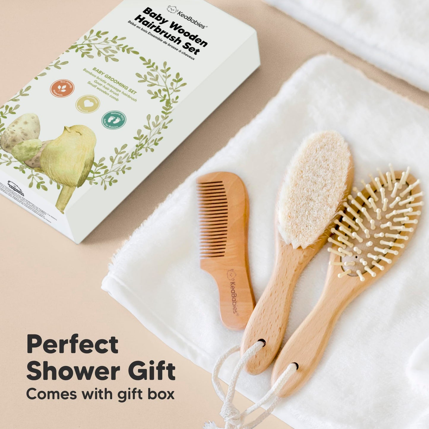 Wooden Baby Hair Brush Set for Newborns, Toddlers - Soft Goat Bristle Baby Brush and Comb Set Newborn Grooming Kit for Cradle Cap Care, Durable & Gentle, Boy, Girl Infant Essentials (Regular, Walnut)