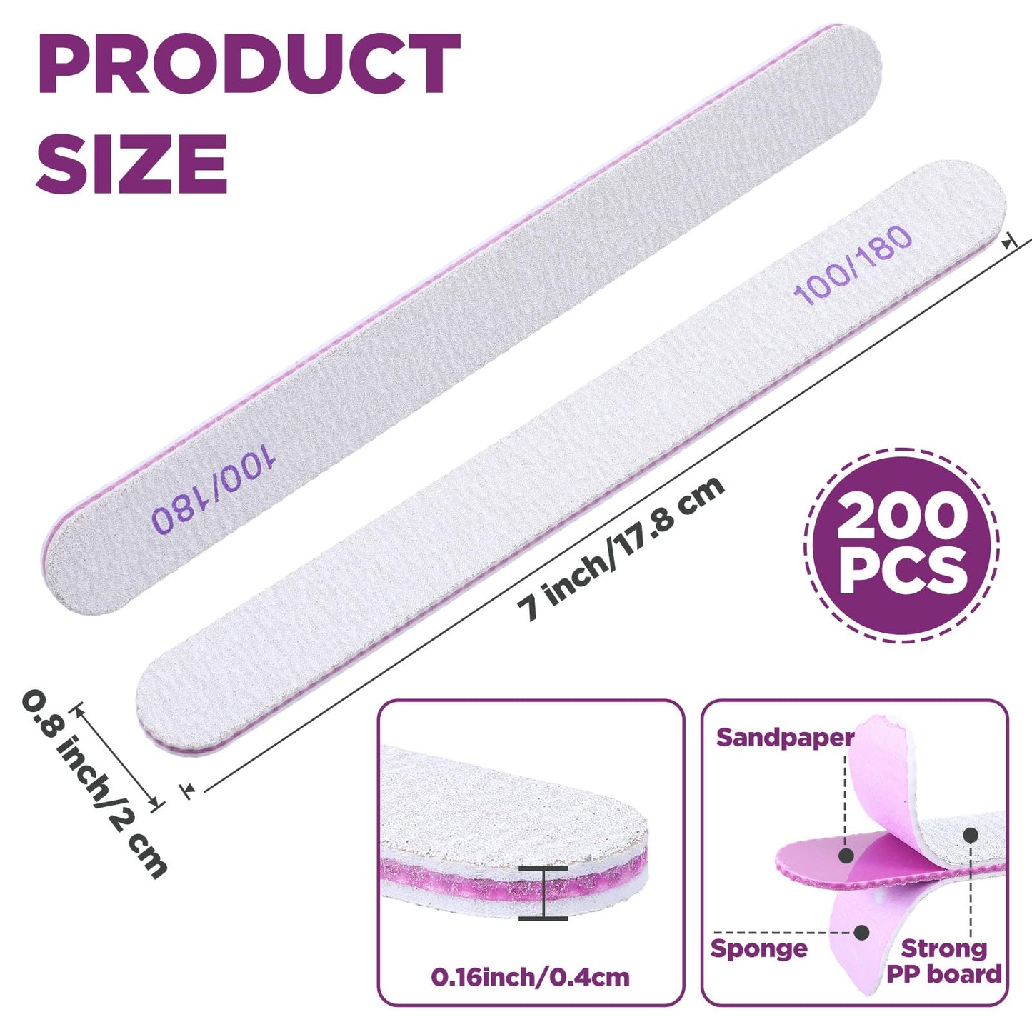 200 Pcs Nail Files, 100/180 Grit Double Sided Emery Boards, Reusable Washable Nail Files for Acrylic Natural Gel Nails, Professional Manicure Pedicure Tools for Home Salon