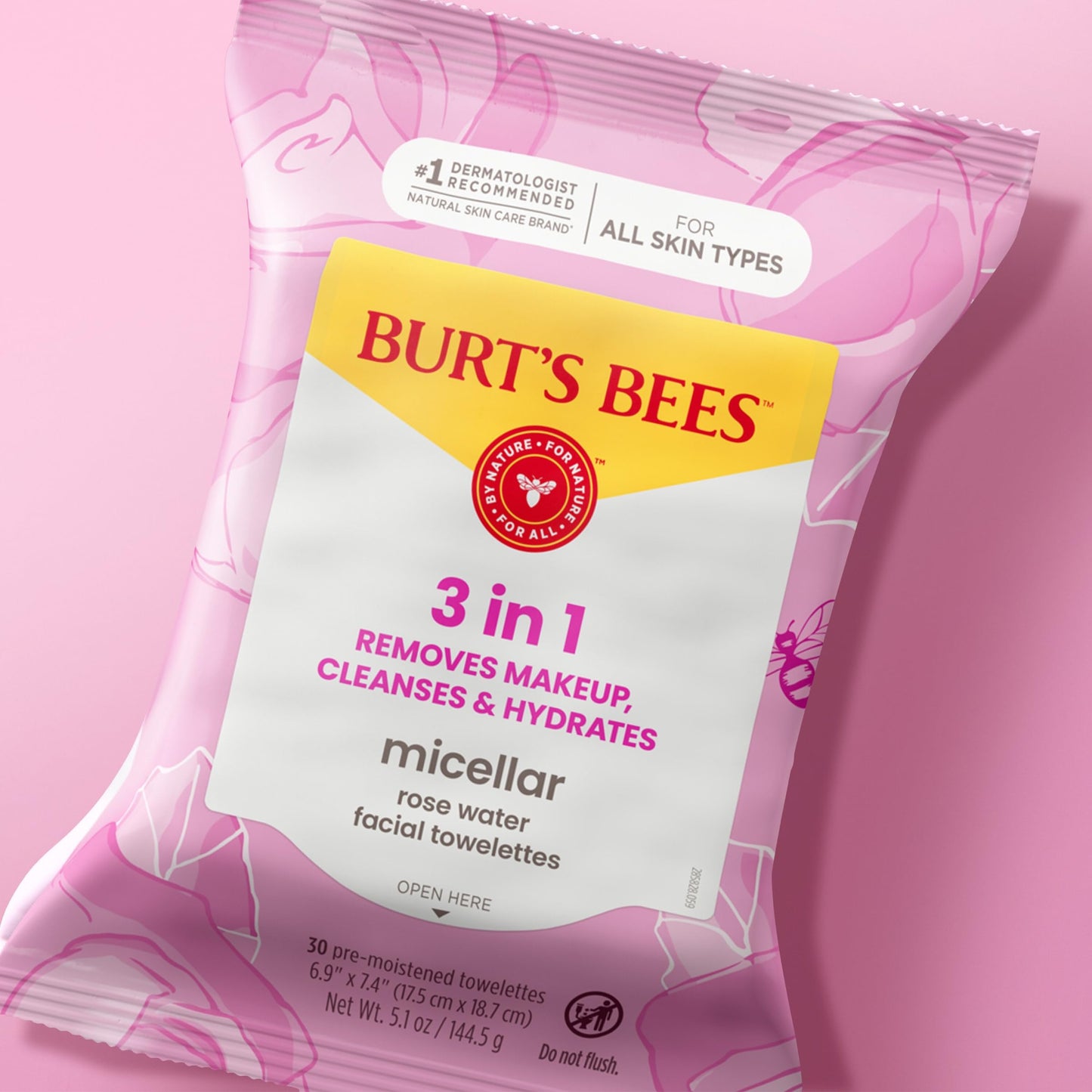 Burts Bees Micellar Rose Water Facial Towelettes, 100% Plant Based Cloth; 99% Natural Origin; Remove Makeup, Cleanse, Hydrate; No Greasy, Oily Residue; All Skin Types; 30 Ct, Pack of 3 (Pack May Vary)
