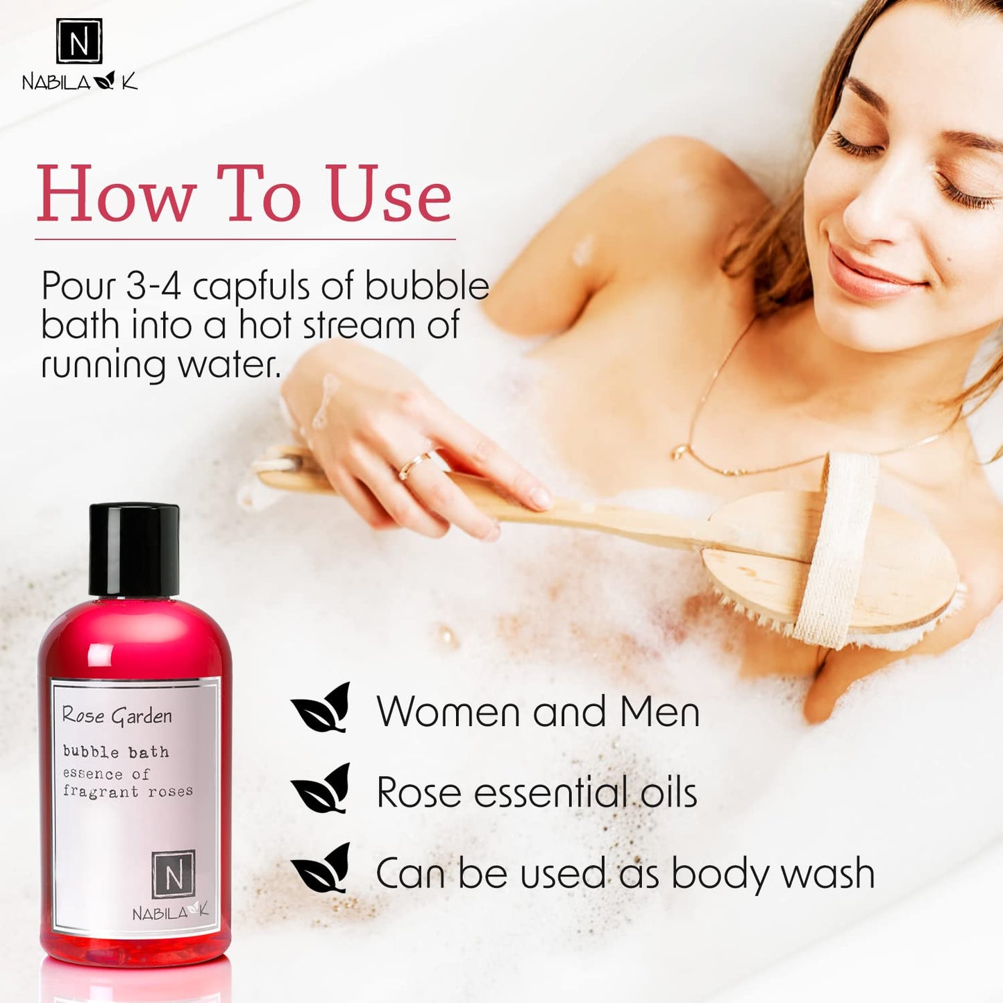 Nabila K Rose Garden Bubble Bath with Rose Essential Oils | Natural & Organic, Sulfate-Free, Tear-Free | Luxury Aromatherapy Floral Bath Soak for Sensitive Skin | for Women & Men, 8 oz