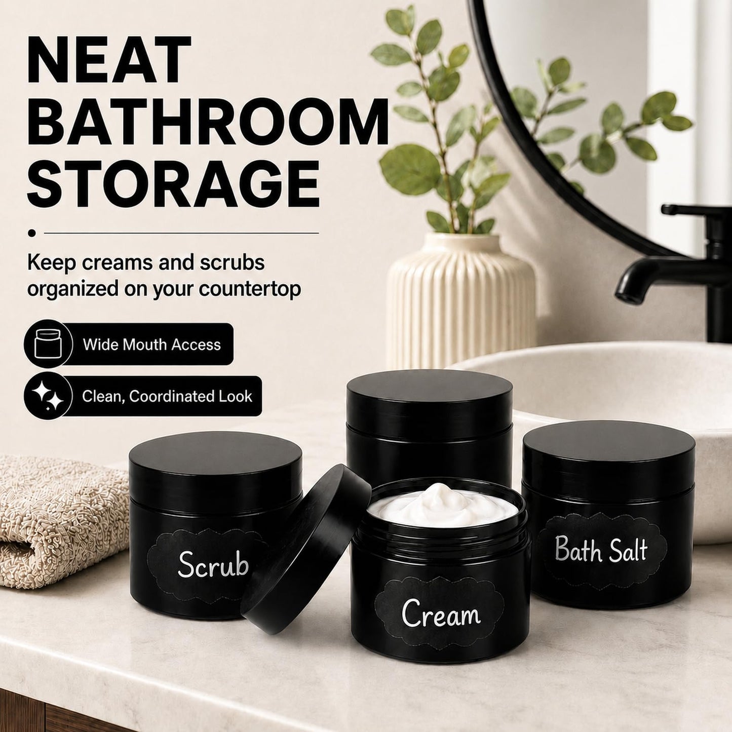 Acrux7 40 Pack 4 oz Black Plastic Jars, Small Round Cosmetic Cream Jars with Lids & Labels, Refillable Plastic Cream Container 120 ml Leak Proof Travel Jars for Creams, Lotion, Body Butter, Body Scrub