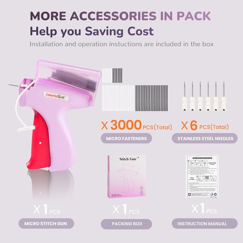 Handheld Stitch Gun for Clothes - Quick Fabric Repair Tool with 6 Needles & 3000 Fasteners | Purple
