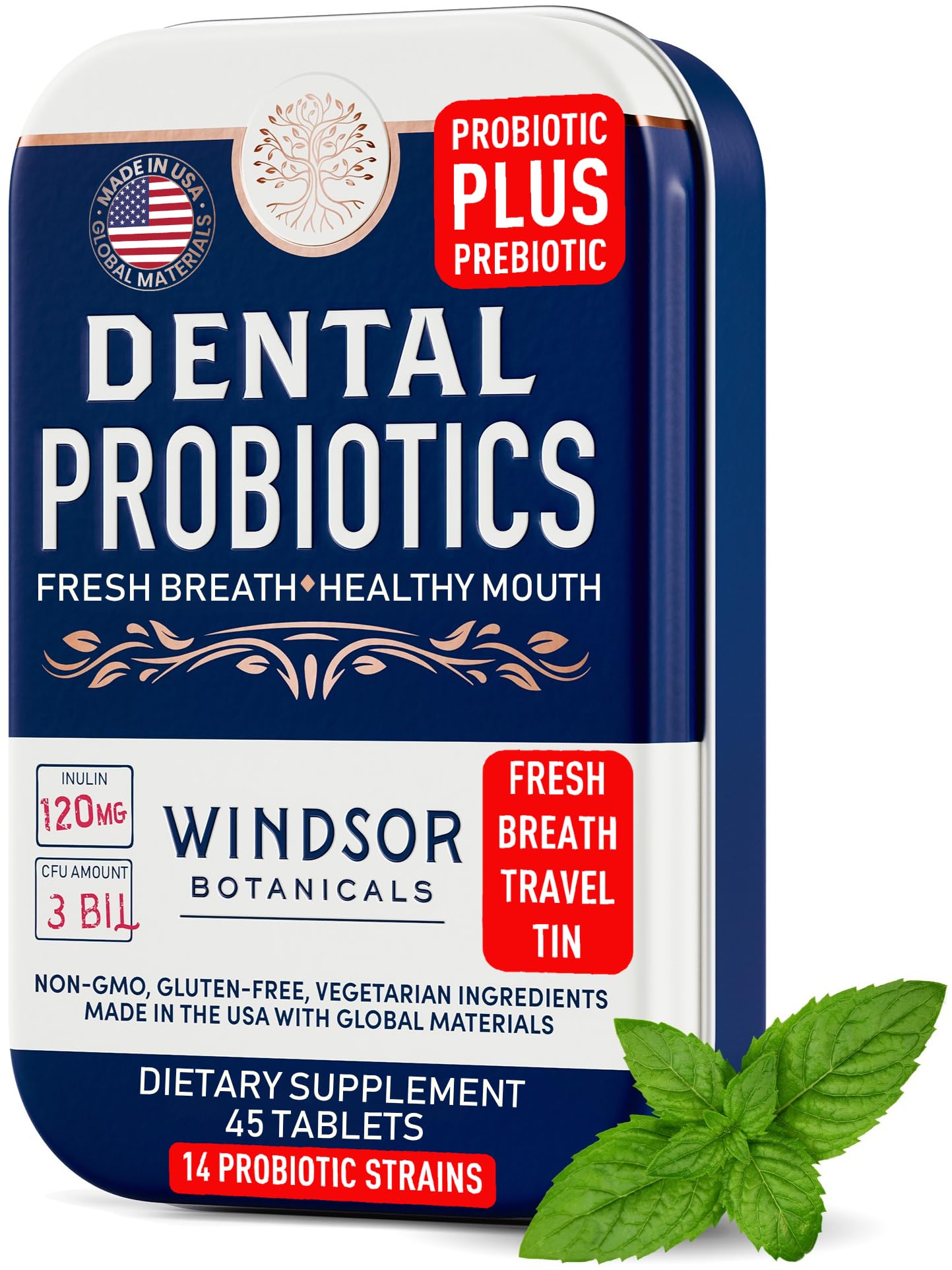 Dental Probiotics for Teeth and Gums - 3BN CFU Lactobacillus Salivarius Acidophilus Casei Tablets - Oral Probiotics for Mouth Bad Breath Treatment for Adults - 45 Chewable Dental Probiotic in a Tin