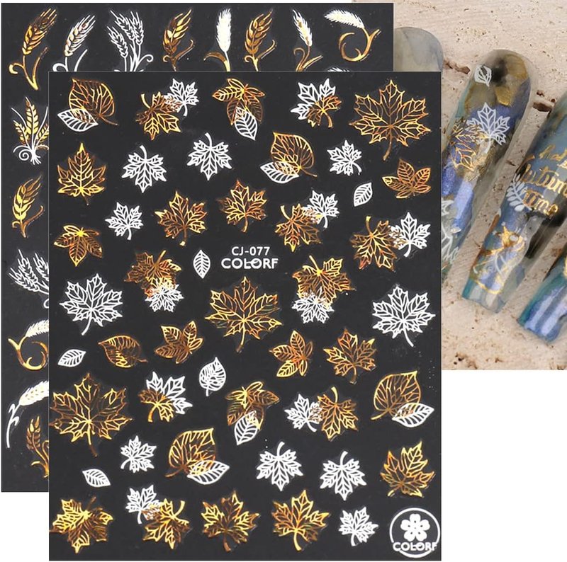 Autumn Leaves Nail Decals - 3D Self-Adhesive Fall Nail Art Stickers | White Laser Gold Maple Leaf Design, 9 Sheets