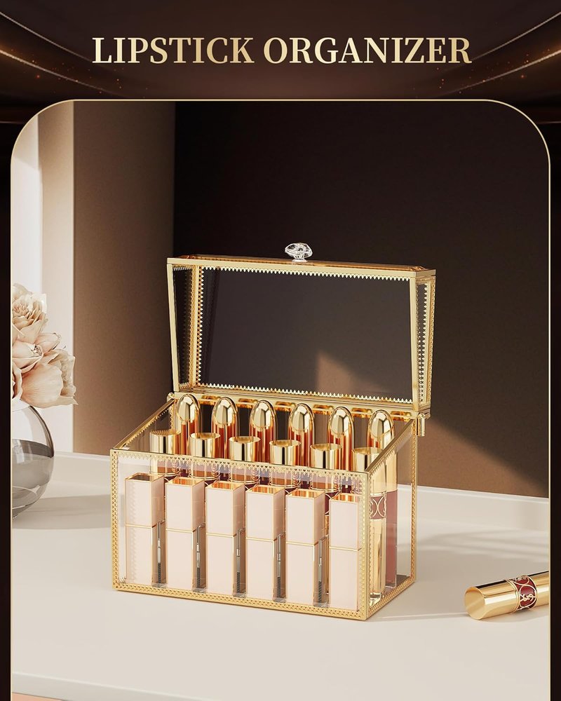 Lipstick Organizer - Luxury Tempered Glass Holder for 18 Lipsticks & Nail Polish | Removable Dividers, Gold
