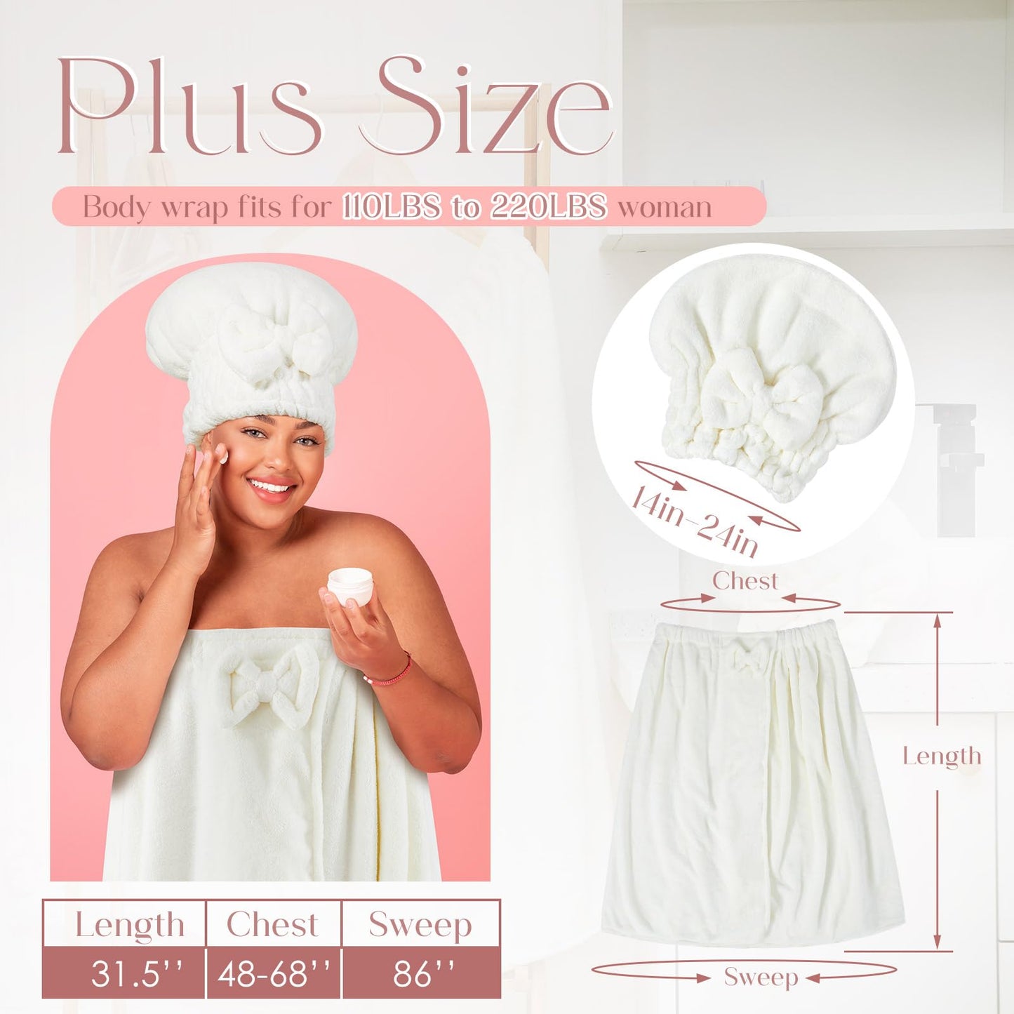Xtinmee 2 Sets Plus Size Towel Wrap with Hair Towel for Women After Shower, Adjustable Body Robes Wrap for Women Sauna Swim Spa Bath (White)