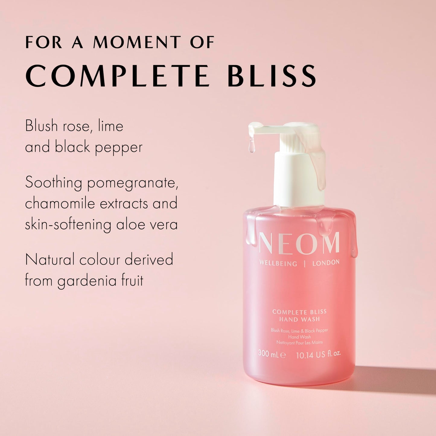 Neom Complete Bliss Hand Wash, 300ml | Blush Rose, Lime & Black Pepper I Natural colour derived from gardenia fruit I 100% Recyclable Bottle I Refillable