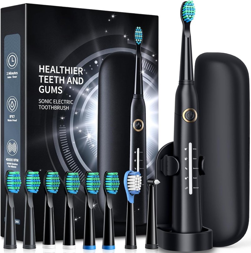 Sonic Electric Toothbrush - 40,000 VPM Deep Clean, 5 Modes | 8 Brush Heads & Travel Case, Rechargeable, Black