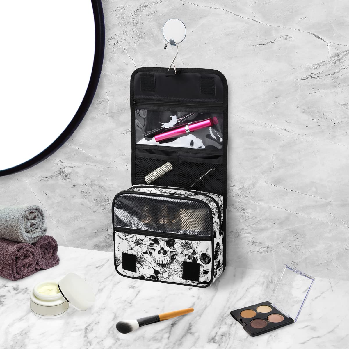 lakefvgk Sugar Skull Blossom Flowers Print Hanging Toiletry Bag Travel Bag with Hanging Hook Large Capacity Portable Cosmetic Bag Travel Organizer Toiletry Kit for Woman Man