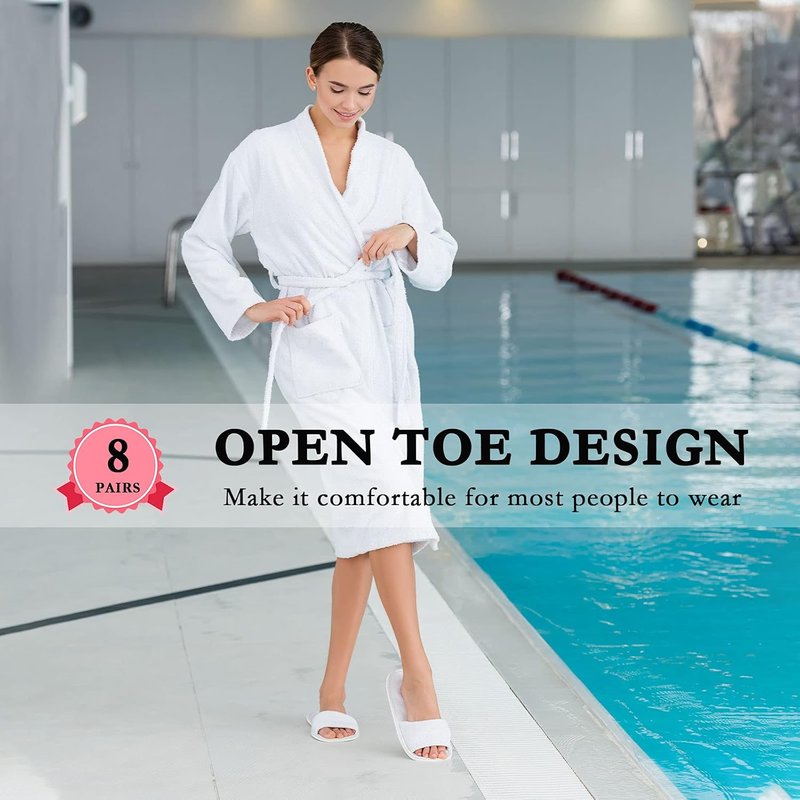 Disposable Velvet Open Toe Spa Slippers - 8 Pairs Non-Slip Travel Footwear | White, Medium