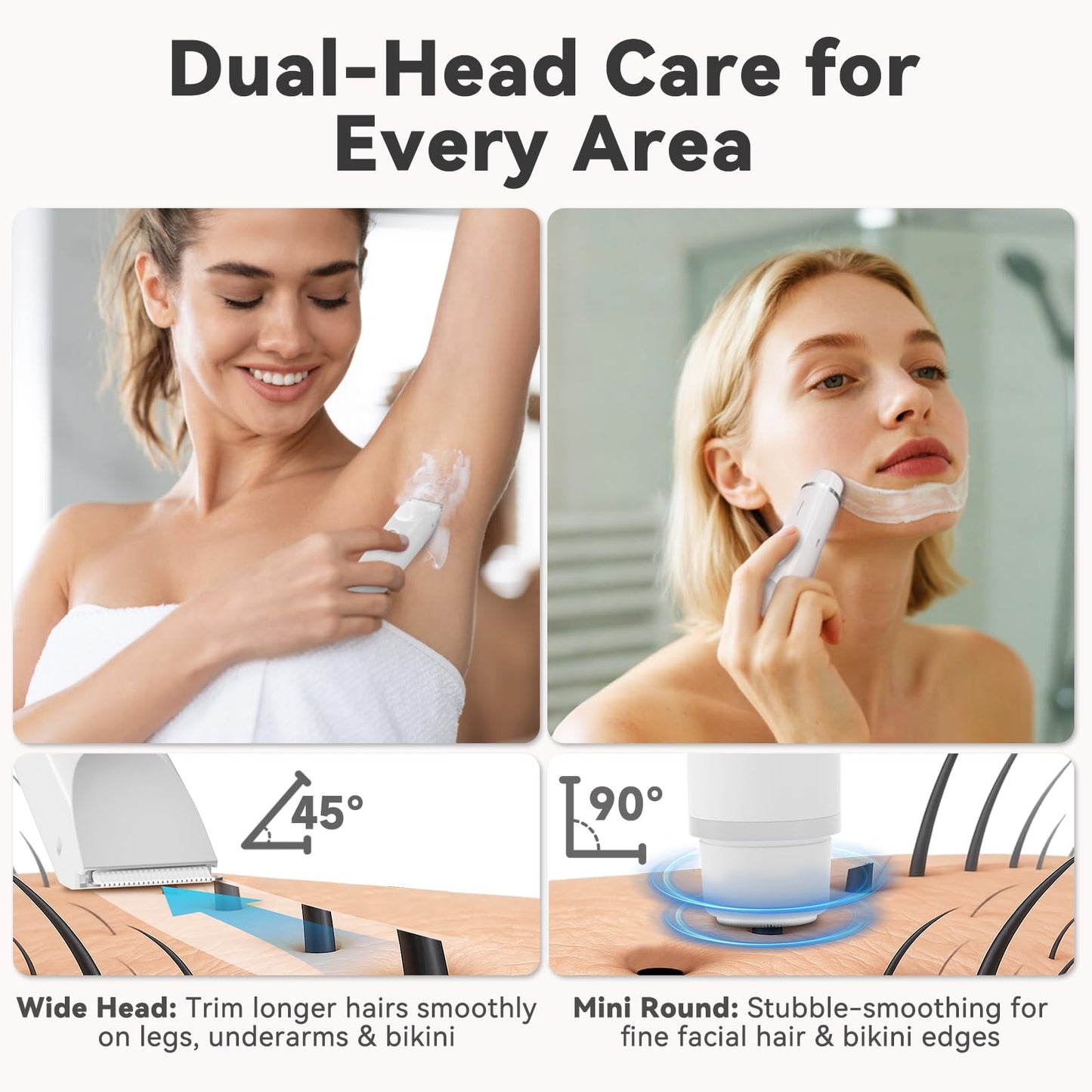 2-in-1 Bikini Trimmer for Women – Dual Head Electric Shaver for Pubic, Facial & Body Hair, IP67 Waterproof Razor with Stainless Steel Blades & Rechargeable Battery (Petal Pink + Pearl White)